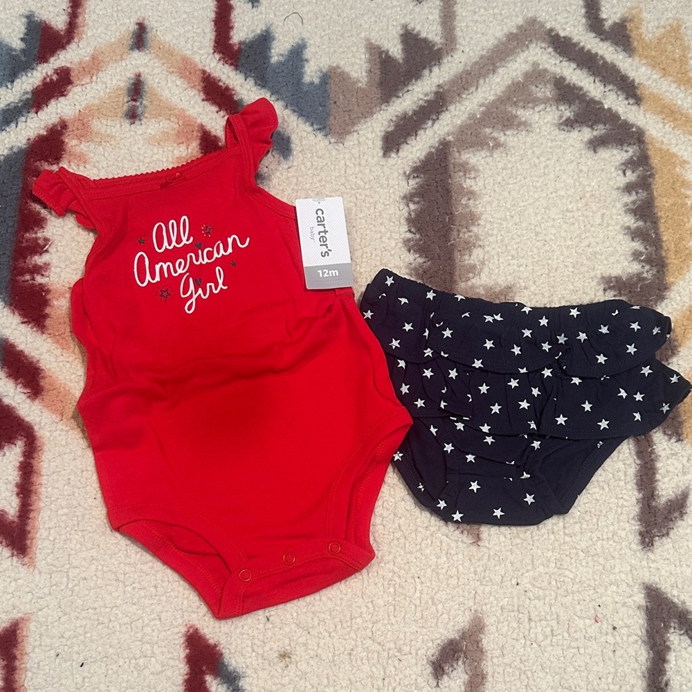 Carter's Red 'All American Girl' Bodysuit with Starry Navy Diaper Cover